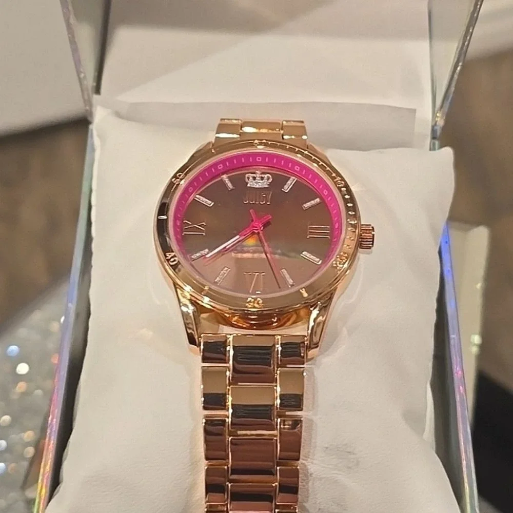 Juicy Couture Black Label Rhinestone Crown Logo Gold Rose Tone Braclet‎ Watch